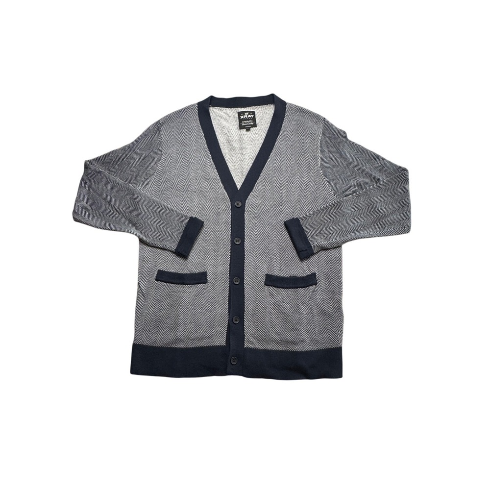 Mens XXL Navy Herringbone Cardigan Sweater Grandpa Core Preppy Knit Button Front